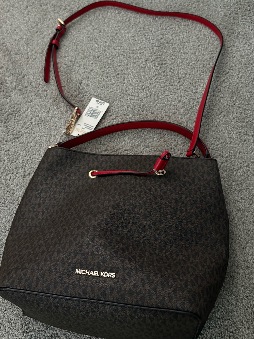 Michael Kors Brown Logo Crossbody with Red Strap